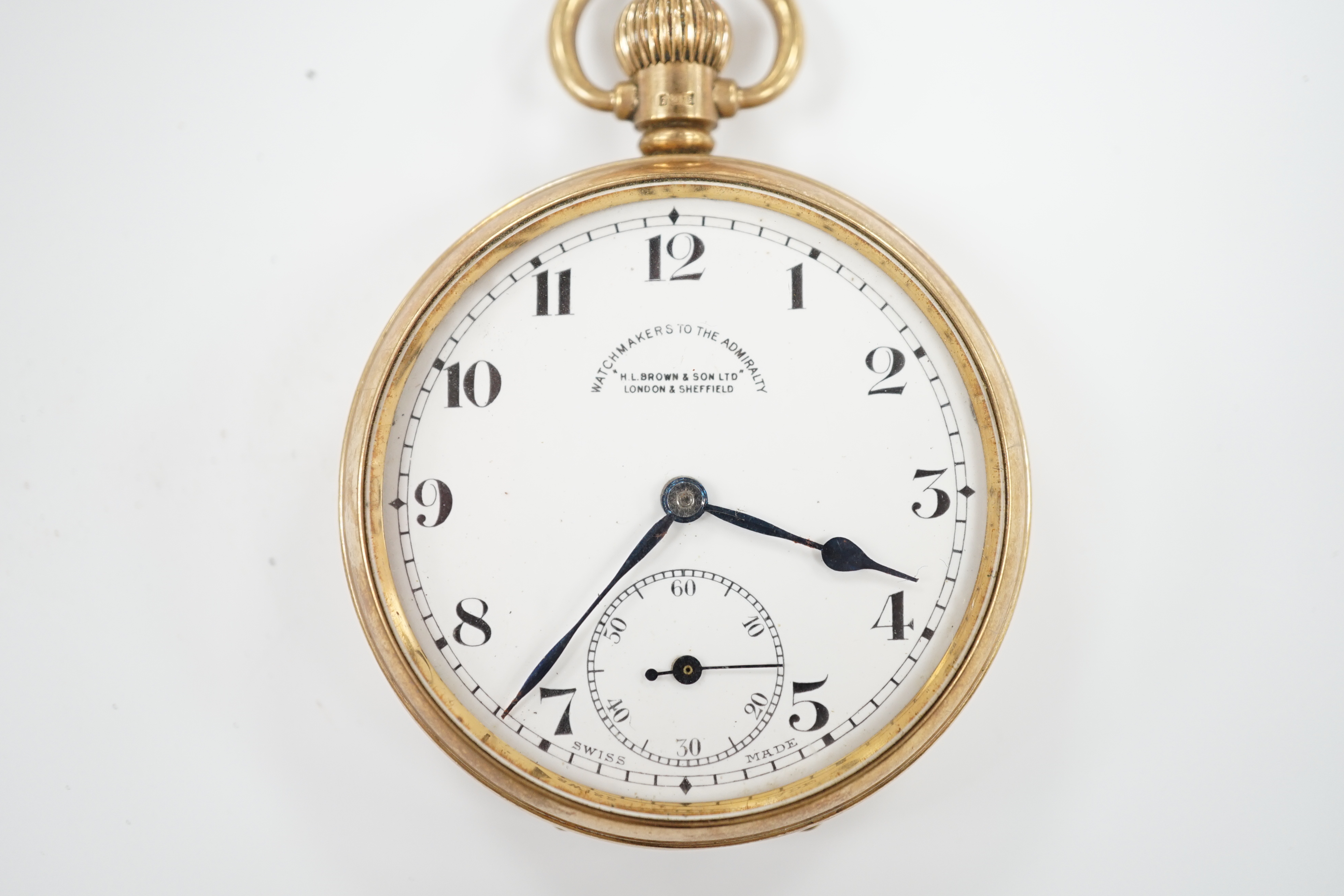 A George V 9ct gold open face keyless pocket watch, retailed by H.L. Brown Ltd, with Arabic dial and subsidiary seconds, case diameter 48mm, gross weight 78.5 grams